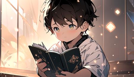 (masterpiece:1.2),best quality,highres,original,(extremely detailed wallpaper:1.3),(extremely detailed CG:1.2),1boy,male child,solo,reading,light particles,sunlight,, masterpiece, best quality,