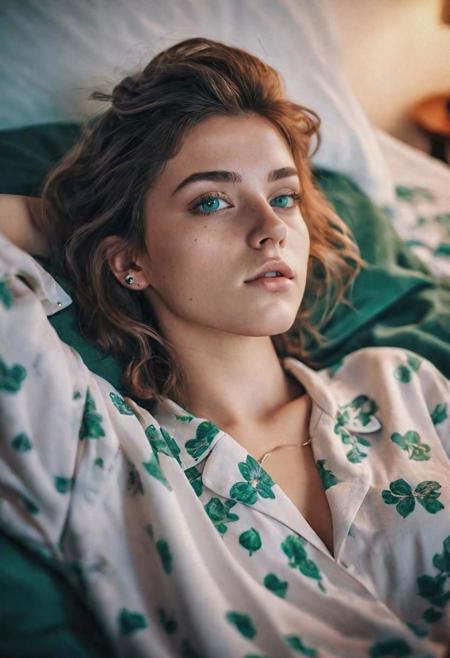 Masterpiece, 22yo girl, lying, charming face, emerald eyes, lovely hair, tasteful tattoos, pajamas, minimalist jewelry, Galician picturesque setting, cinematic atmosphere, soft lighting, film grain, high detailed, best quality,
