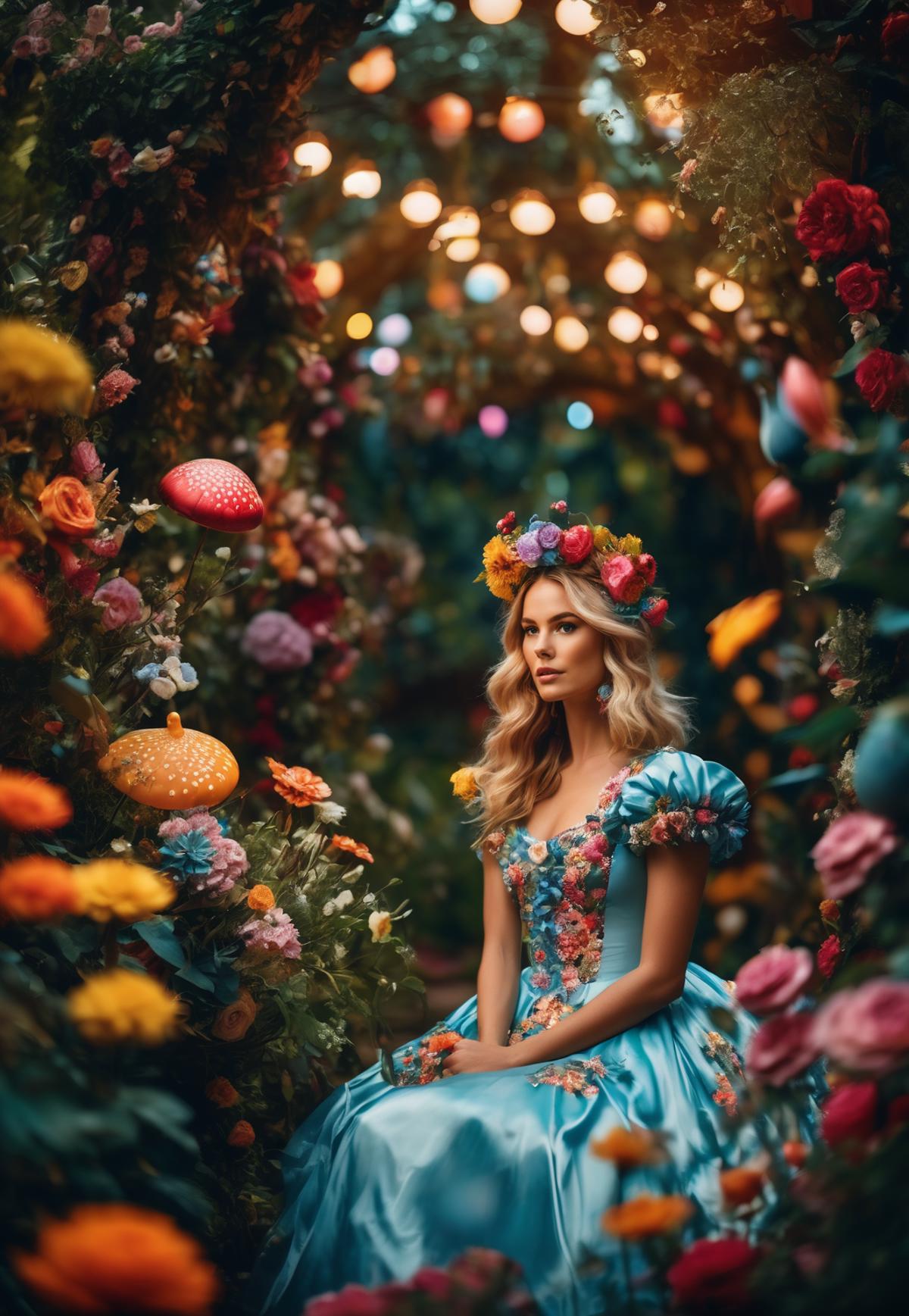 A woman in a blue dress wearing a flower crown sits in a garden.
