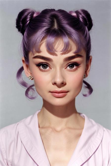 <lora:AudreyHepburn_v1-000014:.9> AudreyHepburn, focus on eyes, close up on face, light pastel purple hair styled cascading curls bun