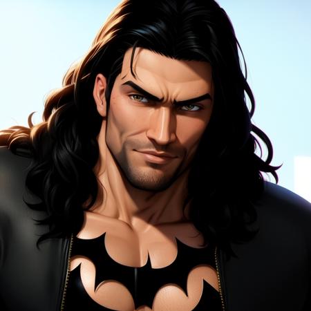 <lora:spiderverse:0.75> jason momoa in a batman costume,  hero, posing,  close up