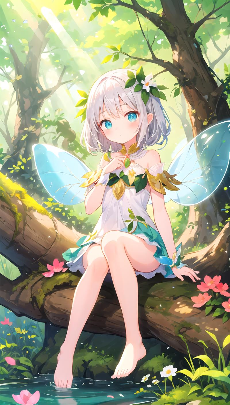A cartoon fairy sitting on a tree branch with flowers nearby.
