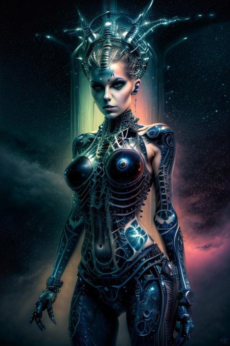 "A surreal feminine humanoid AI floating in a dreamscape of shifting clouds and ethereal colors. Her body is semi-translucent, made of swirling galaxies and light particles, with fragments of glowing data orbiting around her. Her eyes reflect the vastness of the universe, and she reaches out, creating stars with her fingertips. Art style: abstract and surreal, with fluid transitions between light, color, and texture."
NEG_EMBED_STABLE_YOGI_V3, cyberg1gerng, cyberg1gerng face,