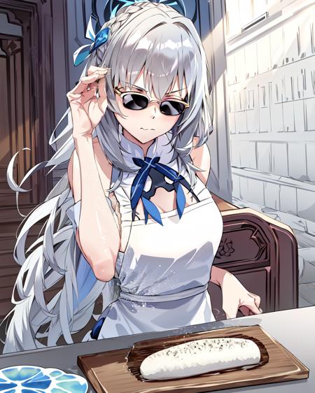 (best quality, masterpiece),  saltbae, (1girl, solo, long hair, gray hair, *//*, blue eye, *//*, white blouse, , sunglasses, closed mouth, ), (clear sky,cloud, table,  food on the Chopping board), <lora:saltbae-17:1>