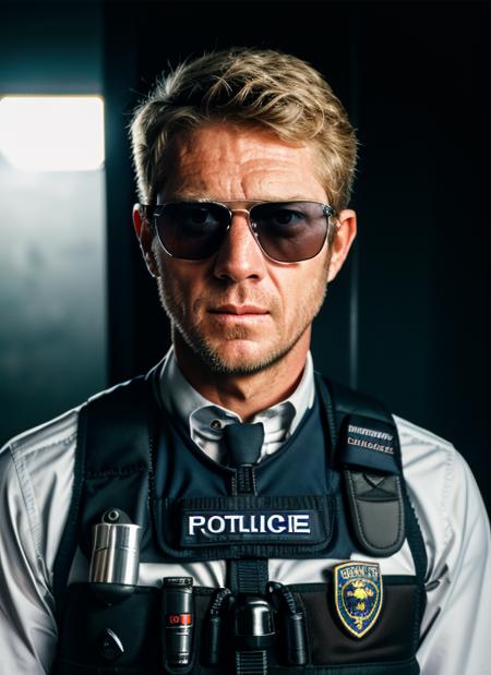 (<lora:SteveMcQueen:.85>) ,a close up Portrait photo of (sm1) man with blonde short hair, Detailed face, (perfect blue eyes), (highly detailed skin:1.1), perfect body, wearing a ((Tactical Police Vest, Ballistic Helmet, Sunglasses, Utility Belt, Pepper Spray)), Modelshoot style, Professional Photography, soft lighting, PHOTOREALISTIC, Realistic, standing in a dark studio background, blurred background, volumetric fog,. RAW, analog style, sharp focus, 8k, HD, DSLR, high quality, Fujifilm XT3, film grain, award winning, masterpiece,