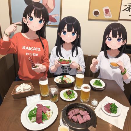 masterpiece, best quality, ultra-detailed, illustration,
smokeless_roaster, grill, yakiniku, japan, food, cup, multiple girls, 2girls, jewelry, meat, salad, holding, bracelet, black hair, holding cup, eating, plate, alcohol, bowl, restaurant, drinking glass, shirt, indoors, chopsticks, mug, beer, smile, looking at viewer, rice, table, long hair, blurry, beer mug, sitting
 <lora:smokelessroaster_V21:1>