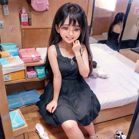 best quality, ultra-detailed,
hakohel, scenery, door, indoors, bag, wooden floor, toothbrush, shelf, bed, tissue box, 
1girl, solo, glasses, jewelry, long hair, necklace, smile, black hair, looking at viewer, black dress, sleeveless dress, bracelet, choker, sitting,
 <lora:hakohel_SDXL_V1:1>