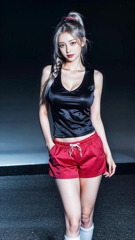1girl, vest top, (thighs:1.2), full body, smile,(masterpiece, high quality, best quality), (colorful),(delicate eyes and face), soft light, extremely detailed, 8k wallpaper, white hair, ponytail, blue eyes, realistic, photorealistic, cleavage,<lora:face_Yeha:0.3><lora:koreanDollLikeness_v10:0.3>, hazel eyes, sexy, standing, black stockings, red shorts, science fiction, moaning, seaside