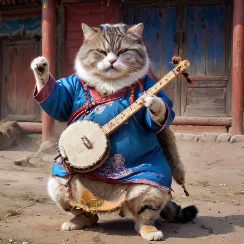 A cat dressed in a blue and red costume playing a guitar.