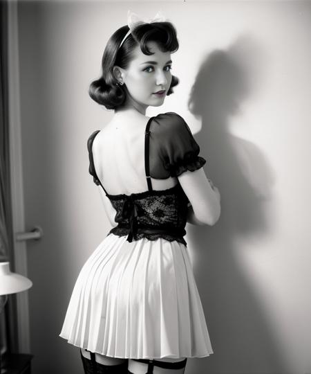 1950s \(style\) photo of 20 year old jp-Sveta928-1075 ,Elegant beehive, dramatic cat-eye , Pleated chiffon teddy with ruffled hem, cinched waist, and lace trim; complemented by sheer stockings with back seams , Classic 50's bedroom backdrop , Konica I, 50mm f/3.5, 1/60s, ISO 400, Foma Fomapan, colorfull