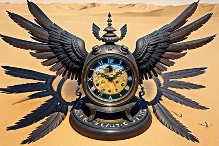 Clock with wings and talons in desert