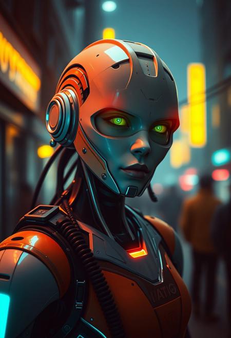 A photograph depicting a futuristic cyborg in a city, using a warm terracotta and cool teal color palette. Gentle soft light creates diffused shadows and subtle illumination, emphasizing the earthy and cool contrast. Dramatic yellow and red cyberpunk lights accent the scene.