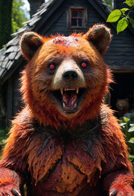 amazing quality, masterpiece, best quality, hyper detailed, ultra detailed, UHD, perfect anatomy, dof, portrait,  awesome, inspiring,  Expressiveh, realistic, high quality, 4K, absurd resolution, incredibly detailed, masterpiece, sharp, cute orange fox house garden, (creepy bear, skin bloody skin, dark fur, red eyes, evil smile:1.8), cute, happy, extremely detailed, no humans, extremely detailed scales, sunlight, realistic, high quality, detailed, shadows, glowing, bright colors, high contrast, vivd lighting, cinematic composition, soft shadows, national geographic style,