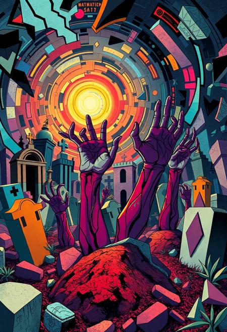A hyper-stylized anime graveyard, blending the opulent, geometric patterns of Art Deco with the fragmented, multi-angled forms of Cubism. Zombie hands, rendered in bold, Cubist shapes and Art Deco-inspired patterns, burst forth from grave mounds, as if grasping for the living. The graveyard itself is a maze of geometric shapes and fragmented forms, with tombstones, mausoleums, and other monuments broken into multiple, overlapping planes. The background is a swirling, Cubist-inspired vortex of colors and patterns, with Art Deco motifs woven throughout. The overall effect is one of eerie, unsettling energy, as if the viewer is gazing into a fractured, nightmarish world. The zombie hands are depicted in a stylized, fragmented manner, with each finger rendered as a separate, geometric shape, adding to the sense of disjointed, Cubist chaos. highest-Quality, intricate details, visually stunning, Masterpiece