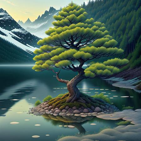 great magical pine tree rising out of the water of a great lake on a snowy mountain