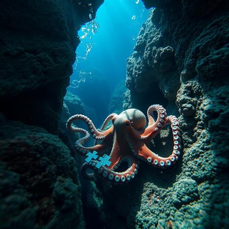 a very detailed close picture of an octopus solving a puzzle  underwater near an intricate rock formation, sunlight pasing throw water
