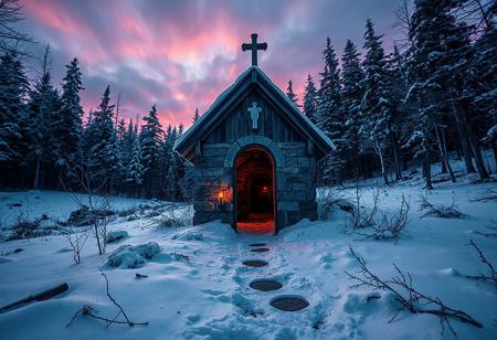Medieval, D&D, high contrast, real photo, 4k, pre-dawn sky, vibrant colours, in the middle of a snowy forest clearing is a small abandoned chapel, the door is missing and through the doorway we can see a candle and the entrance to a long dark tunnel leading into the depths of a monster filled dungeon