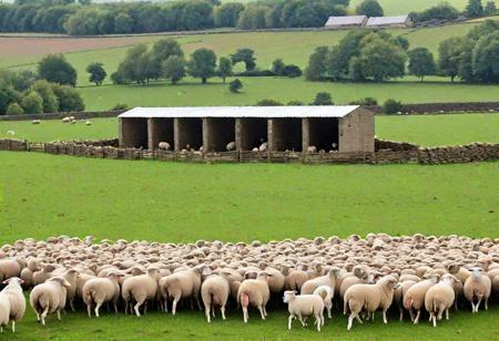 sheep on the sheep in a large field with the sheepfold in the background