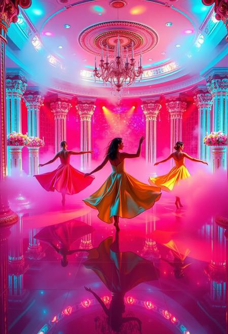 A fantastical dream sequence unfolds inside a candy-colored palace, where mirrored floors and crystal columns reflect kaleidoscopic lights. Dancers in vibrant silk costumes twirl through clouds of colored fog—crimson, teal, and gold tones dominate the palette. The setting evokes the surreal magic of Technicolor-era fantasy musicals, where color is not just decoration but narrative. Every surface gleams, and the lighting is soft yet otherworldly, with pastel halos around figures. The environment defies realism, resembling a lucid dream—playful, exaggerated, beautiful. The saturation is pushed to its limits, creating an almost hallucinogenic intensity that immerses the viewer in a visual fantasy.
