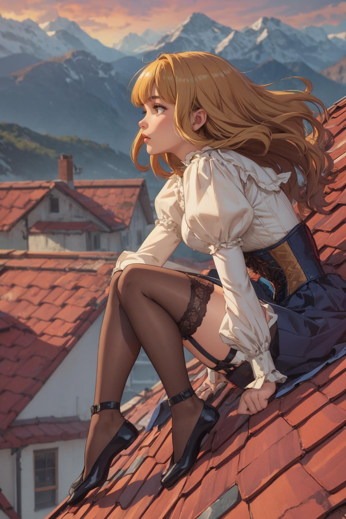 A woman sits on a rooftop with a view of the town.