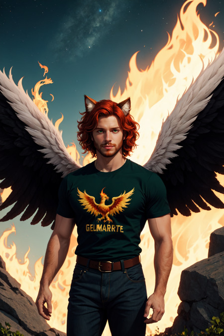 Hellaine Style, Phoenix Montoya, solo, looking at viewer, cat ears, animal ears, strawberry blonde hair, red hair, fluffy hair, curly hair, 1boy, green eyes, male focus, BREAK tshirt, belt, pants, day, outdoors, sky, tree, facial hair, germanic heritage, hispanic, realistic, fantasy painting, celestial, feathered wings, fire, flames, <lora:Hellaine:0.5>