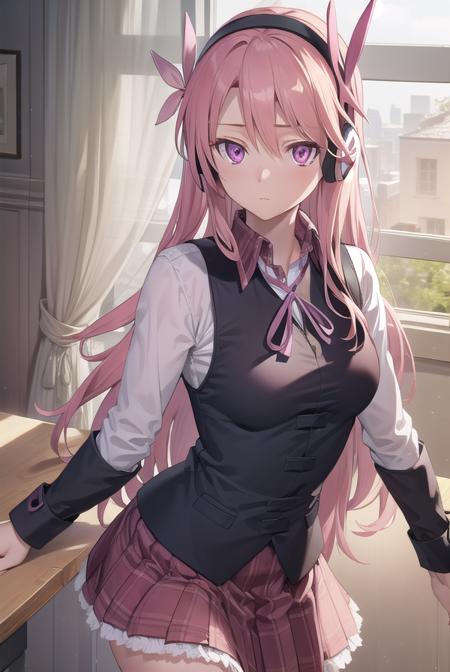 chelsea, <lyco:chelsea-lyco-nochekaiser:1>,
chelsea, (pink eyes:1.5), hair between eyes, long hair, pink hair, straight hair,
BREAK collared shirt, diagonal stripes, dress shirt, hair ornament, headphones, long sleeves, neck ribbon, plaid, plaid skirt, pleated skirt, red ribbon, red skirt, ribbon, shirt, skirt, striped, vest, white shirt, wing collar,
BREAK looking at viewer, full body,
BREAK indoors, classroom,
BREAK <lyco:GoodHands-beta2:1>, (masterpiece:1.2), best quality, high resolution, unity 8k wallpaper, (illustration:0.8), (beautiful detailed eyes:1.6), extremely detailed face, perfect lighting, extremely detailed CG, (perfect hands, perfect anatomy),