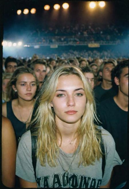 blonde girl at concert, contact test, automatic film strip,kodak gold 800 analog film, ultra wide angle, faded, blurry, pixelated, damaged, high iso, harsh shadow