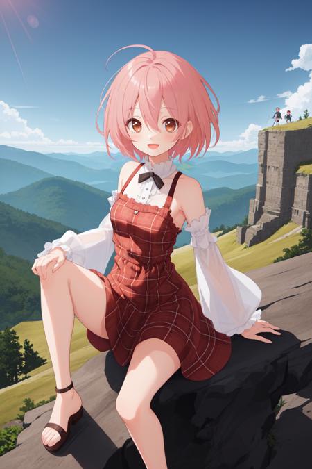 best quality, amazing intricate, cute girl, brown eyes, round eyes, dropping eyes, small breasts, Neat and clean, shy, 
:d, pink hair, leg up, on top of a mountain, 
short hair, flipped hair, hair between eyes, sidelocks, 
portrait, warm lighting, 
plaid dress, bare shoulder, detached sleeves, white sleeves