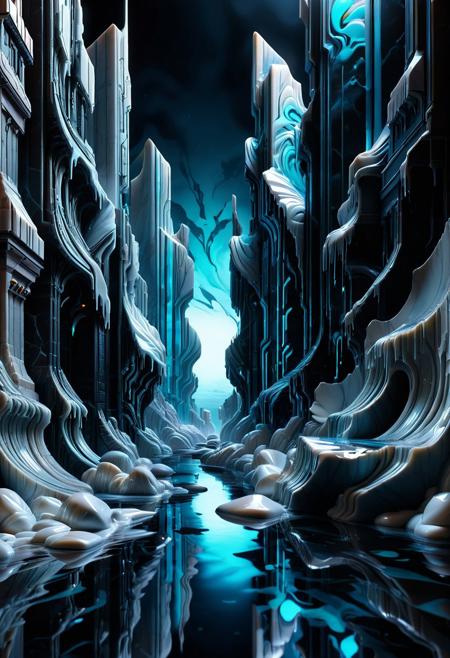 Ultrarealistic. sharp focus, dynamic lighting. play of light, Raytracing, Ultra detailed. (((Liquid Marble style))). Far away shot of a cyberpunk city made of Liquid Marble at night.