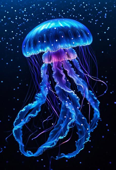 A luminescent jellyfish gracefully floating in a deep ocean. The jellyfish's glowing, translucent body is made up of thousands of tiny, vibrant dots in shades of electric blue, soft purple, and neon pink. Its long, flowing tentacles shimmer with bioluminescent light, trailing behind it like delicate ribbons. The surrounding water is filled with dots of darker blues and greens, giving depth to the ocean while small, glowing particles float around, adding to the ethereal atmosphere. The dots blend beautifully from afar, creating a soft glow, yet up close, each dot remains distinct and carefully placed, enhancing the intricate details of the jellyfish and its luminescence