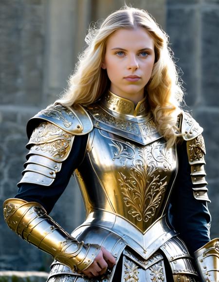 <lora:sc4rj0_SDXL_SGX:1.1>,(medium close-up) photograph of (beautiful 24 year old) (sc4rj0:1.2) woman with blond hair,as a warrior princess,wearing ornate (1840's Victorian era ballgown|suit of armor:0.5), elegant fashion (battle armor gown:1.2),expertly crafted with (ornate brass breastplate and bronze pauldron),heroic pose,standing in front of a (medival castle:1.3), hands resting on top of (excalibur magical long sword:1.3),face focus,sharp focus,depth of field,facing viewer,rich details,clear shadows and highlights,realistic,highly detailed,