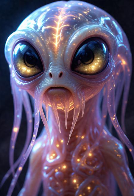 A close-up of an alien creature with translucent, jellyfish-like skin, its internal organs faintly glowing and pulsing with bioluminescence, large luminous eyes reflecting the surroundings.