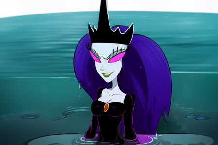 BlackPuddleQueen, blue skin, colored skin, pink eyes, solid eyes, tight dress, black dress, long sleeves, blue hair, long hair, black crown, long eyelashes, red broach, lips, hourglass figure, cleavage, smile, full body, nsfw, <lora:add_detail:1>, black colored water puddle, standing in a water puddle, (black water)