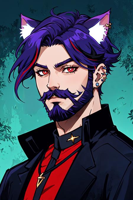 solo, looking at viewer, red eyes, 1boy, animal ears, horns , glowing eyes, jewelry, closed mouth, purple hair, blue hair, male focus, red hair, earrings, cat ears, streaked hair, facial hair, piercing, ear piercing, portrait, beard, mustache,