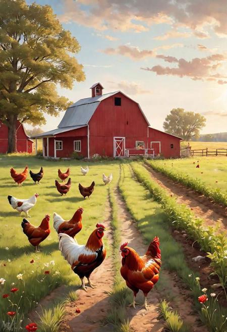 chickens in a field, vintage red farmhouse, big rustic antique farmhouse