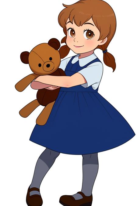 1girl, pennytr brown hair short hair twintails short twintails dress short sleeves blue dress shoes brown mary janes stuffed toy, stuffed animal brown eyes