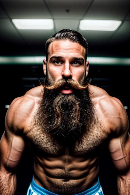 cinematic photo happy man (muscular athletic:1.2), beard, moustache,  winning, simple background . 35mm photograph, film, bokeh, professional, 4k, highly detailed