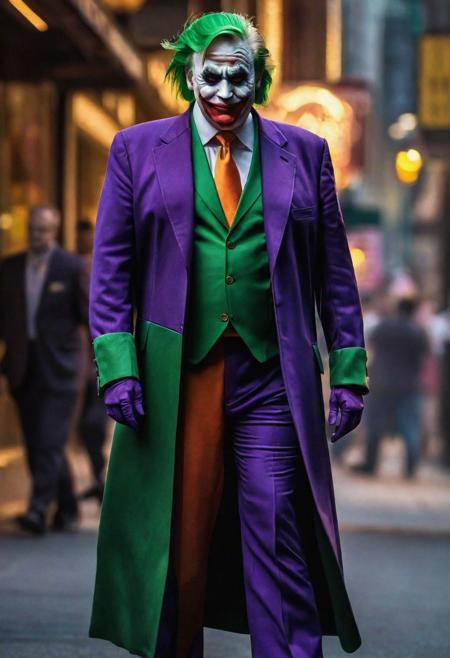 Generate a satirical and cinematic image depicting Donald Trump in a Joker's costume within the stylized world of a Batman film. Envision Trump adorned in an intricately detailed Joker outfit, complete with the iconic purple suit, green hair, and the Joker's characteristic makeup,(Masterpiece:1.3) (best quality:1.2) (high quality:1.1)