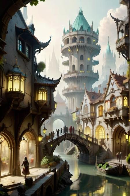 <lora:UraniumTechAI:1> uraniumtech,   a grand capital city nestled in the heart of a magical realm inspired by Dungeons and Dragons. The city stands as a testament to both architectural splendor and mystical enchantments. The streets are bustling with life, filled with a diverse array of creatures, both human and fantastical, going about their daily routines. The buildings showcase a harmonious blend of traditional medieval design and whimsical magical enhancements. Ornate bridges span over flowing rivers and canals, connecting various districts of the city. Gardens and parks are interspersed throughout, teeming with vibrant, otherworldly flora and fauna. In the central square, a magnificent fountain serves as a gathering place, its waters sparkling with magical energies.