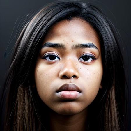 female, dark skin, big nose, big lips, pores, portrait, hd, good lighting, black background, facial zoom, teen