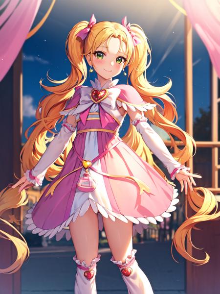 shiny-luminous shiny-luminous, blonde hair, twintails, pink dress, capelet, brooch, arm warmers, leg warmers, boots, porch, earrings