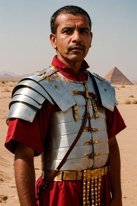 portrait of egyptian man wearing loriseg armor in the desert taken at golden hour, red shirt, red tunic <lora:loriseg_V2-10:0.7>