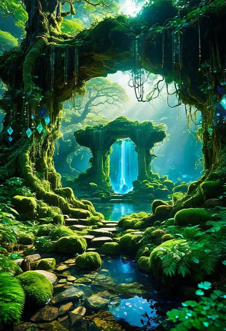 In the depths of an ancient, mystical forest, a swirling, ethereal portal shimmers with vibrant colors, suspended between two ancient, gnarled trees whose roots and branches intertwine to form a natural archway, the portal's surface undulates like liquid glass, reflecting a kaleidoscope of hues from deep indigo to bright emerald, through the portal, glimpses of a fantastical, otherworldly landscape can be seen, with floating islands, cascading waterfalls, and strange, luminous flora, glowing runes and arcane symbols float around the portal, pulsating with magical energy, the ground around the portal is covered in glowing moss and scattered with enchanted crystals that hum softly, the air is filled with a sense of anticipation and the faint whisper of otherworldly winds, beckoning adventurers to step through and explore the unknown realms beyond.