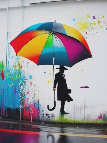 <lyco:MartinWhatson:1.0> a white wall with a painting of an umbrella and other things, in the style of martin whatson, martin stranka, urban graffiti, striking use of color, david walker, faux naf, soggy