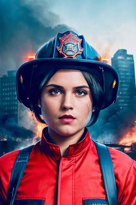 a photo of (MonicaRaymundV4-900:1.1) (in dressed as a firefighter blue:1.2), full body,((front view)), red lips, and a ((close up:1.3)), (black hair) , background is city ruins, (high detailed skin:1.2), 8k uhd, dslr, soft lighting, high quality, film grain, Fujifilm XT3