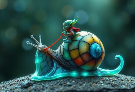 a tiny goblin jockey riding on the back of a giant snail, neon reins,the snail's shell is made of stained glass, slime trail, neon bokeh, in the style of a fantasy painting