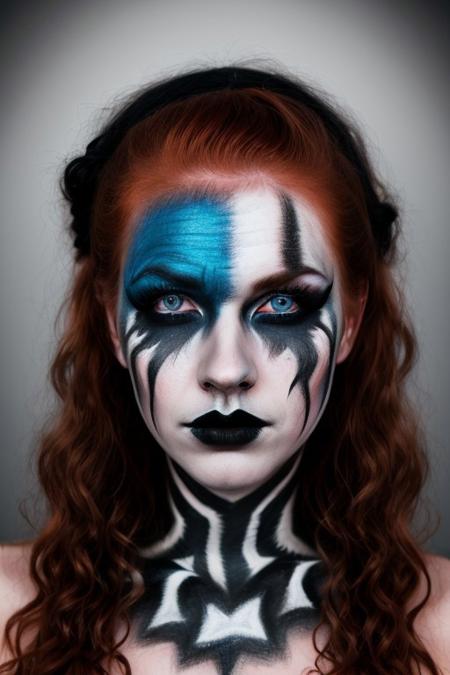 A young Caucasian woman with curly red hair, blue eyes, and dramatic makeup with black and white face paint. The background is dark and moody