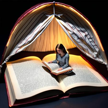 A detailed tiny miniature woman in a striped pajamas lying in between the pages of a giant tome held open by a giant pencil, so it resembles a tent. The woman are reading the tome using a flashlight. The background is dark suggesting that it is night and the only light is the flashlight held by the woman and the reflection of the light from the pages in the tome.