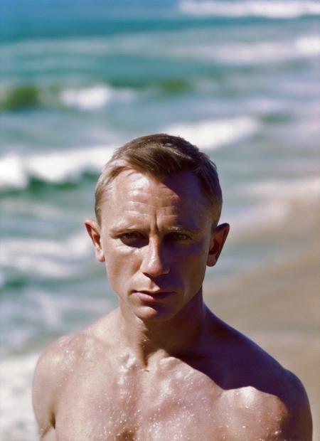 photo of beautiful sks person, hyper realistic photograph, detailed face,film grain, Kodak portra 800, f1.8, intricate, at the beach, <lora:locon_danielcraig_v1_from_v1_64_32:1.25>