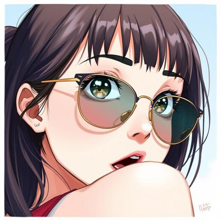 masterpiece, best quality,
close-up, 1girl, wearing sunglasses, looking over shoulder, surprised expression, shocked expression